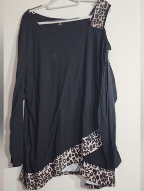 One Cold-shoulder Black Long-Sleeve Tunic Top with Leopard Hem Accent. 4XL